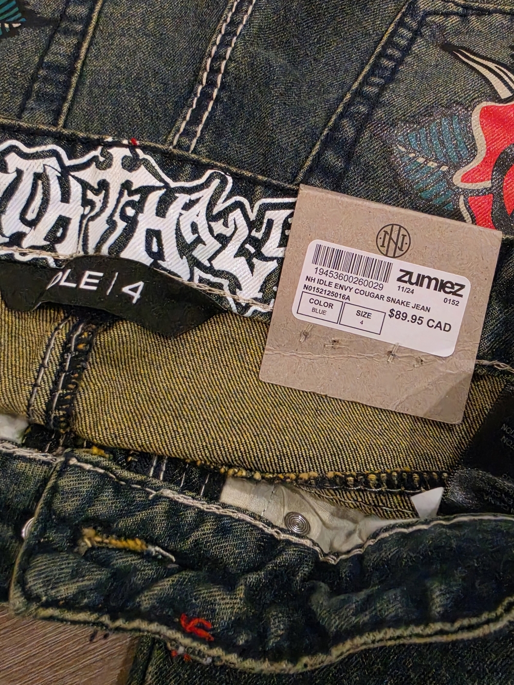 Zumiez Blue Embroidered Jeans with Snake Detail